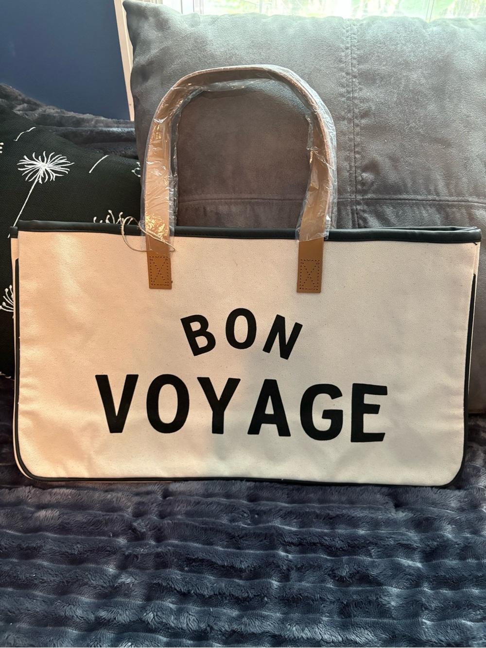 Bon Voyage Canvas Tote Bag in Cream and Black